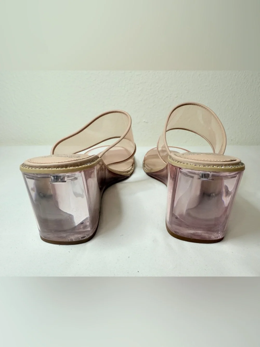 Vince Camuto Clear Pink Wedge Sandals Rhinestone Trim Size 9